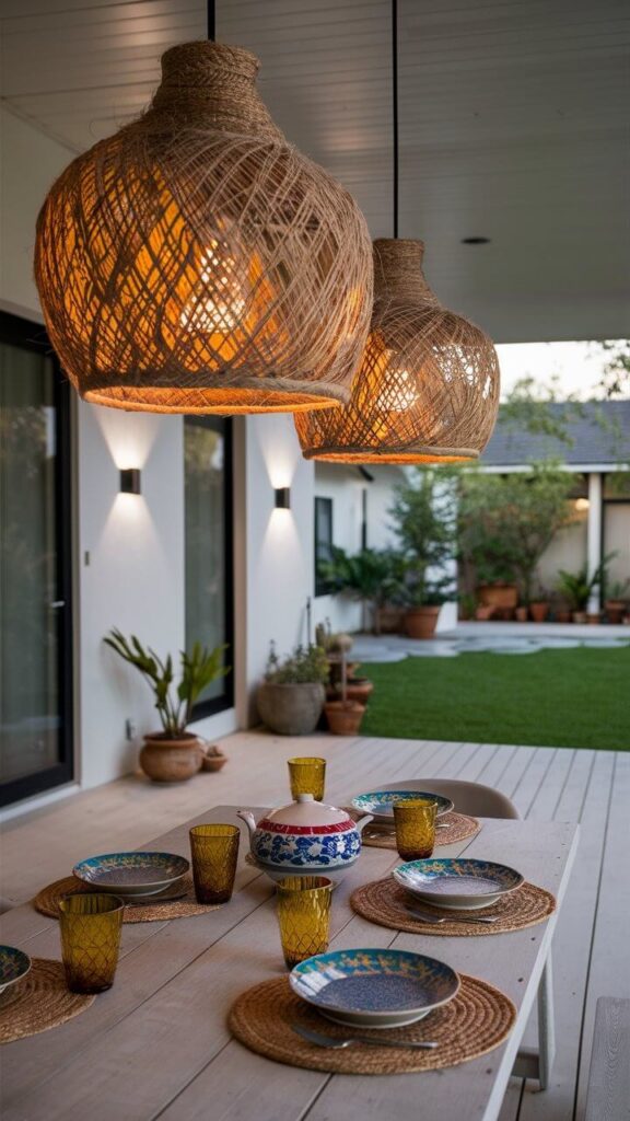 oversized pendant lights over the table on the back porch