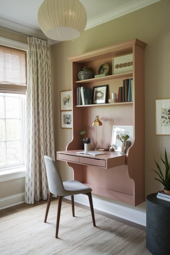 painted in pink, vintage wall mounted writing desk in the home office