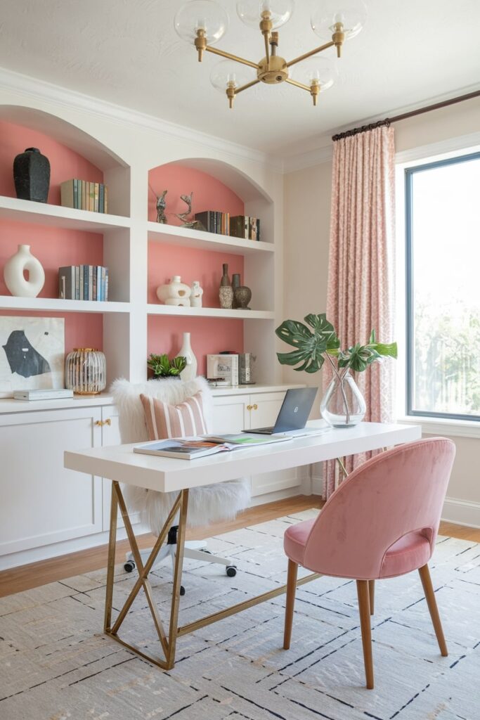 pink and white home office with white faux fur chair and pink velvet chair