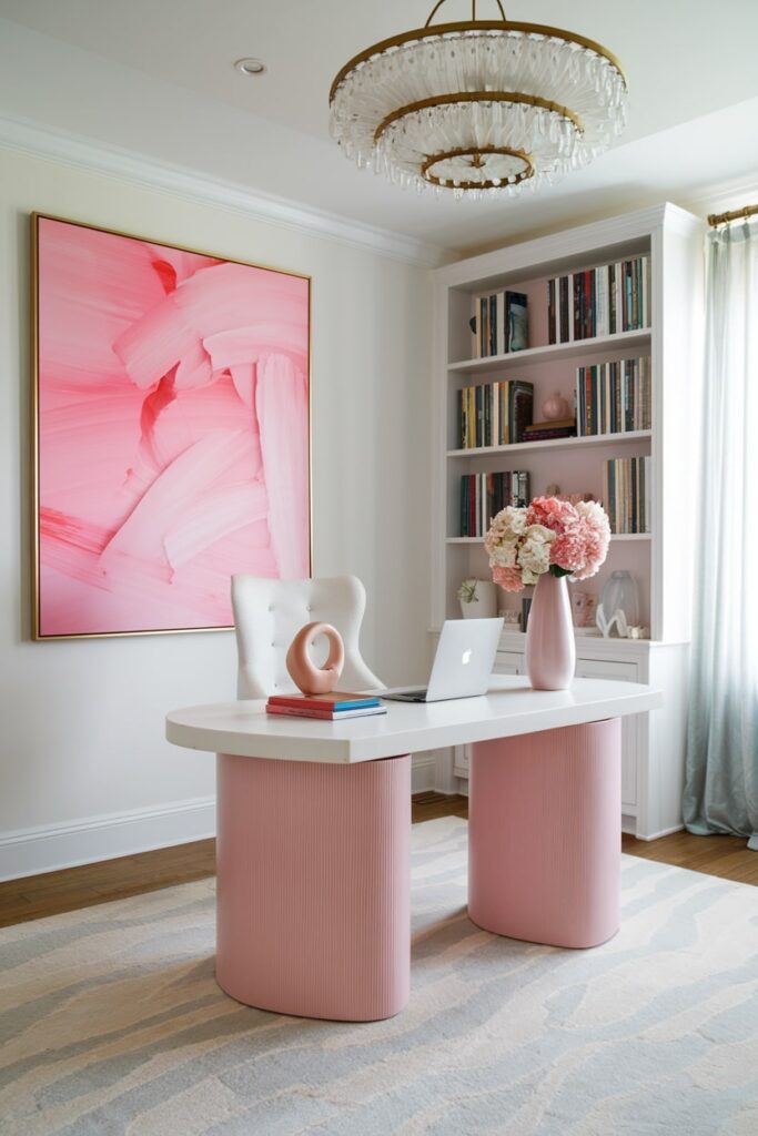 pink and white home office with abstract art, white shelving