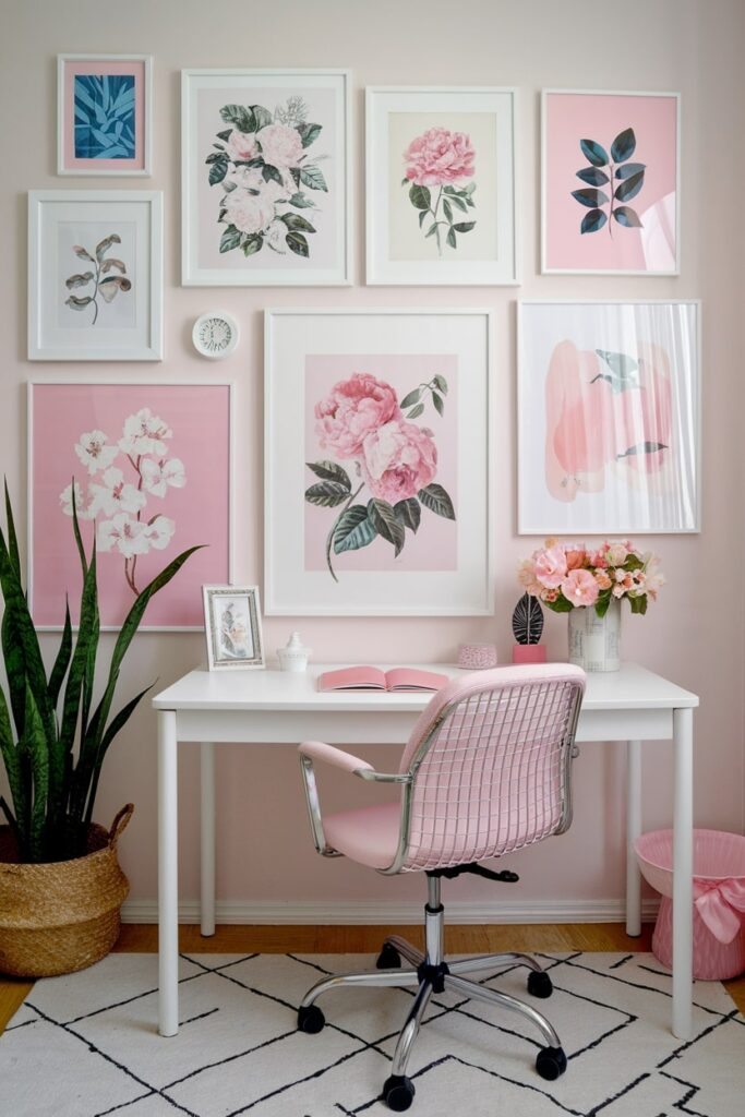 pink and white home office with floral art posters, white desk