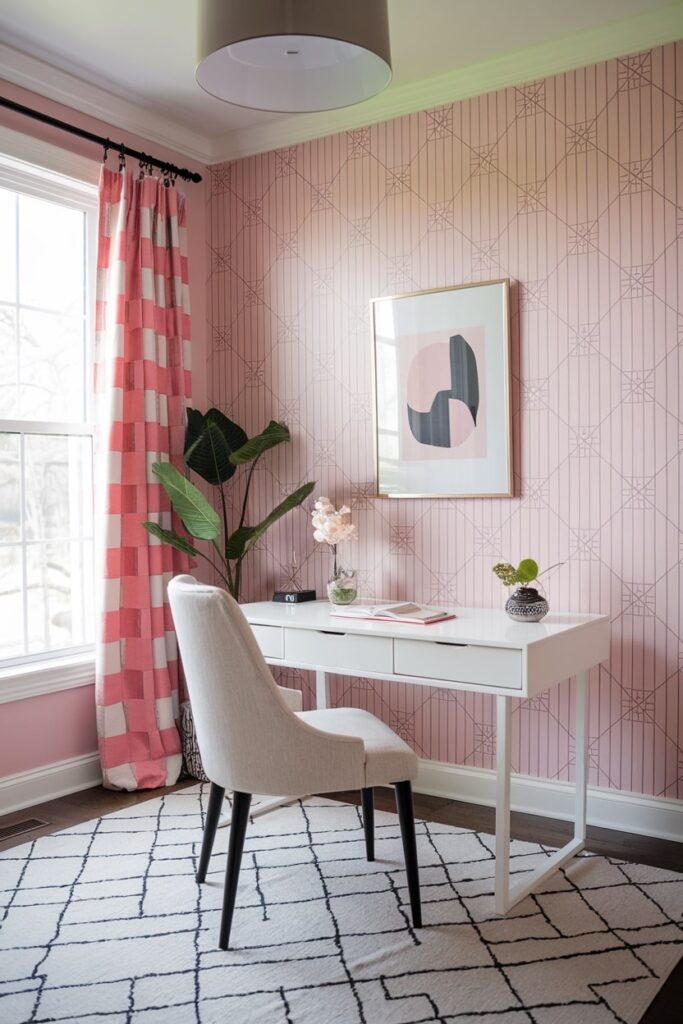 pink and white home office with geometric wallpaper and white desk