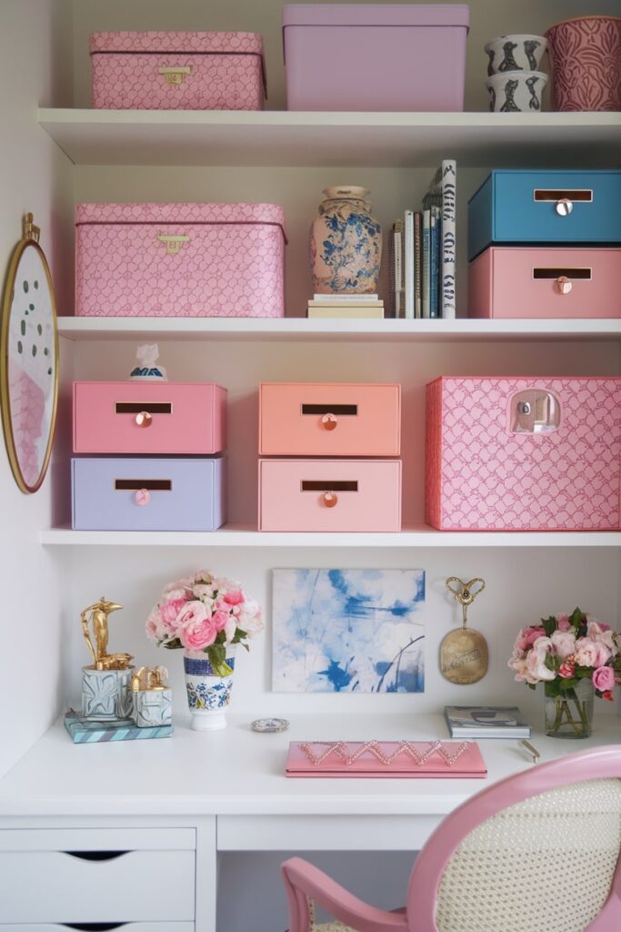 pink, peach, and blue designer storage boxes in the feminine home office