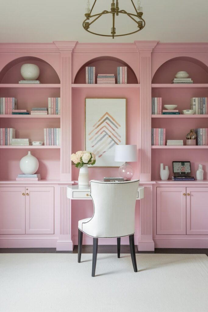 pink built-ins and white chair in the home office, white decor