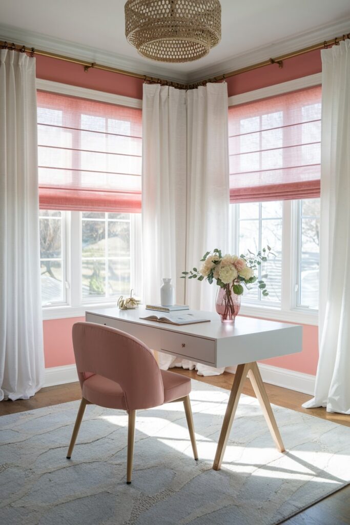 pink light filtering shades in the home office with white table and pink chair