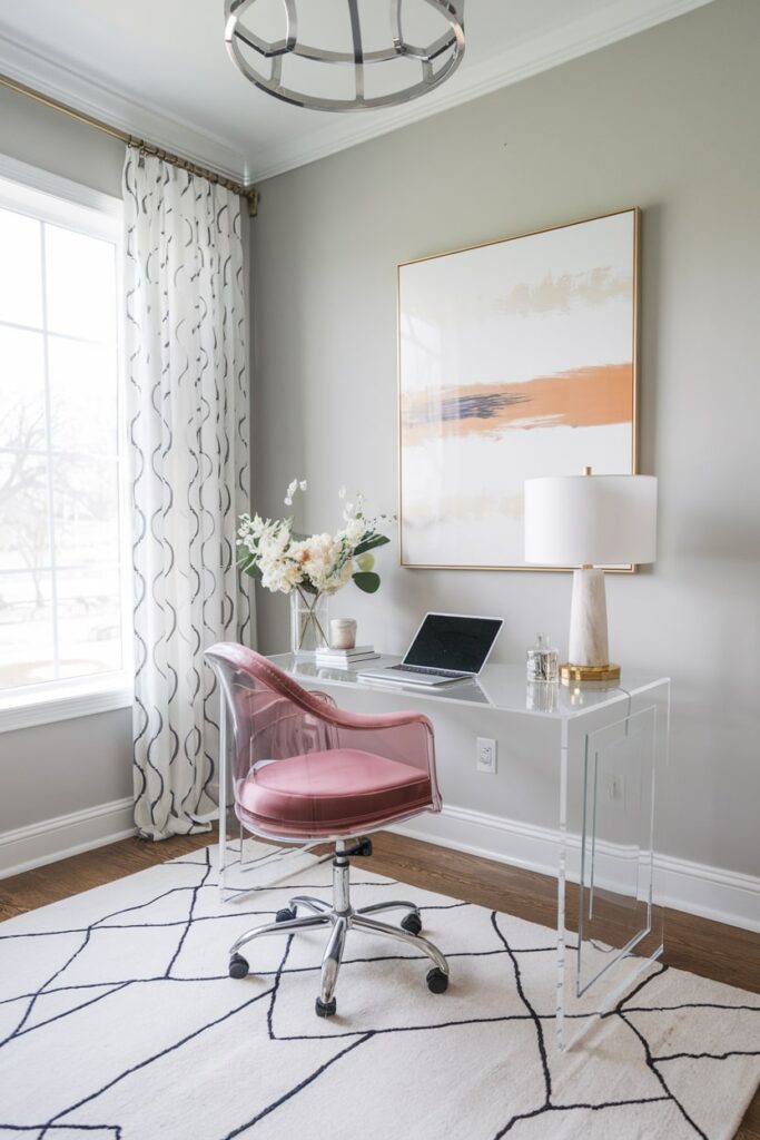 pink lucite desk chair in the feminine home office, light gray walls, painting in gold frame