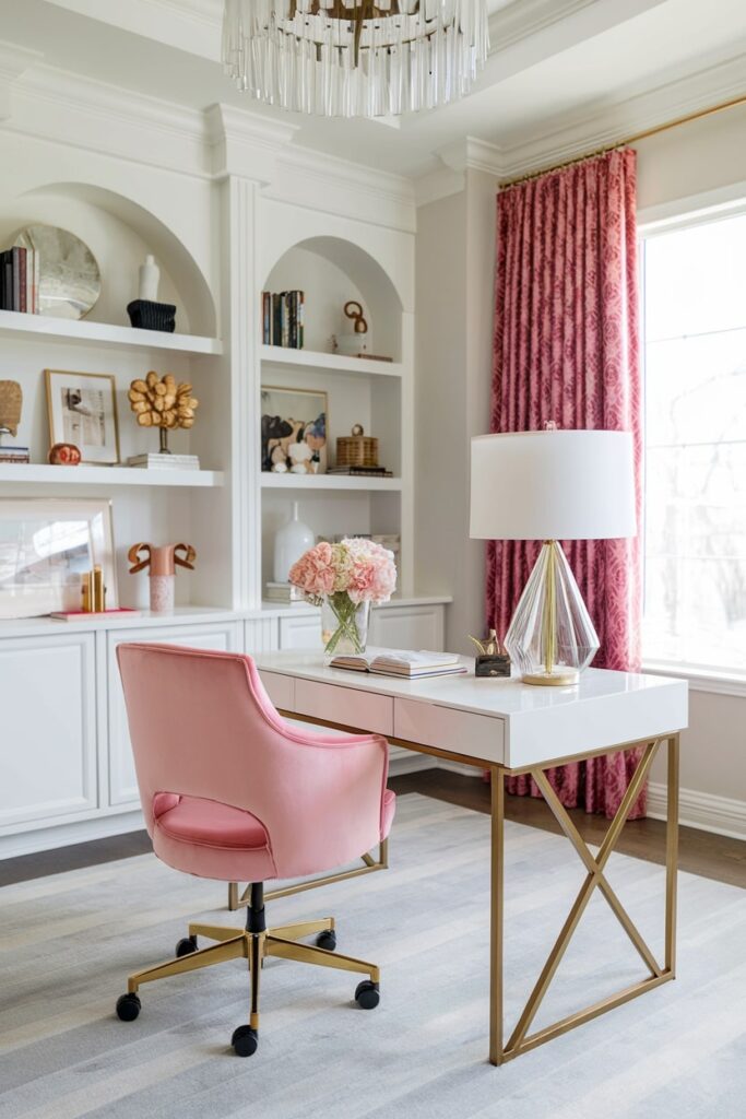 pink velvet chair in the white home office, white desk and built-ins