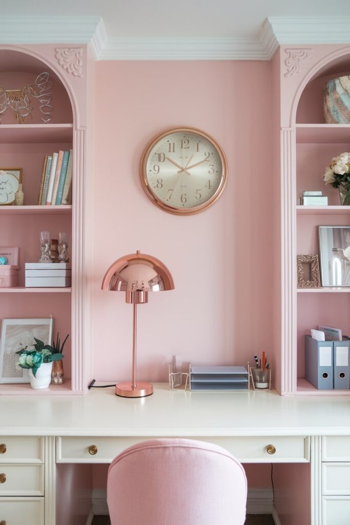 pink and white home office with metallic decor