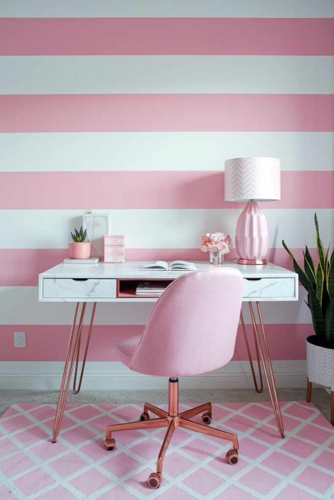 pink and white home office with white marble desk with rose gold legs, pink chair, striped white and pink walls