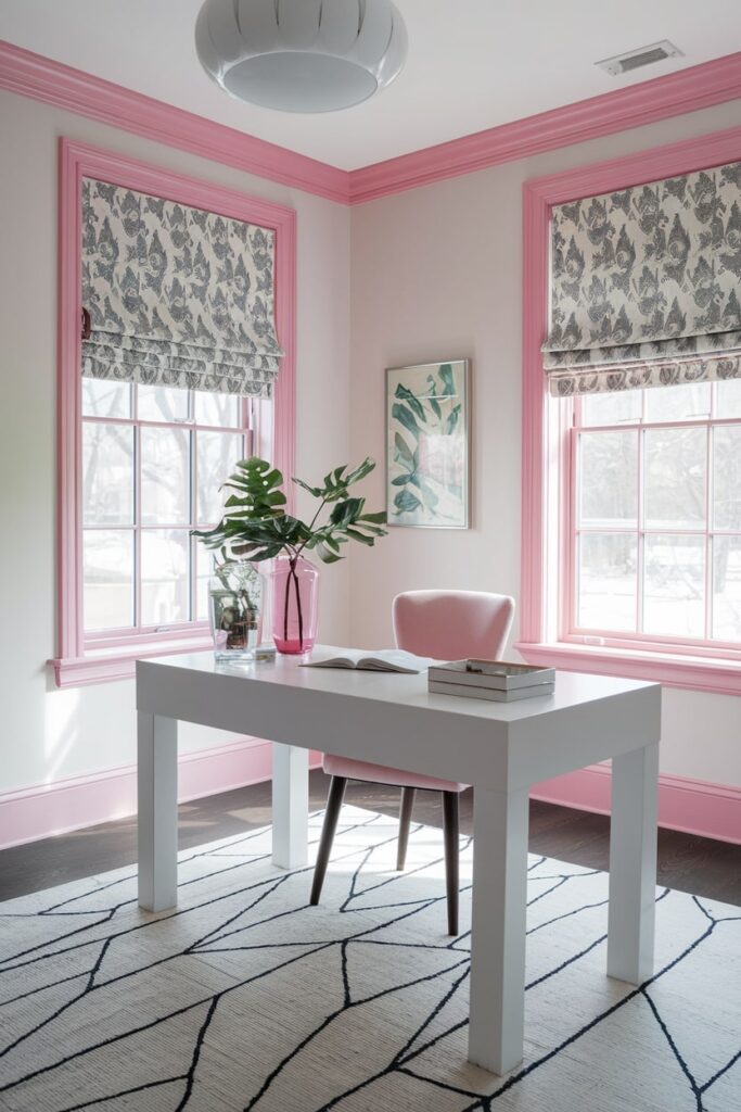 pink window trim and chair in the home office, white walls and desk