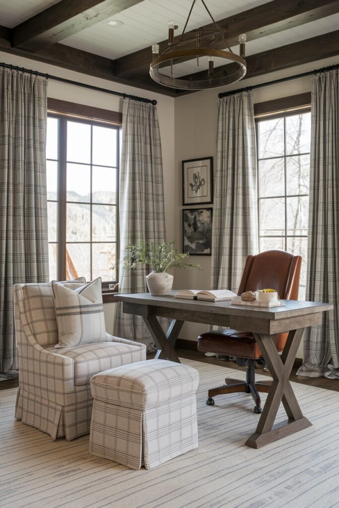 plaid textile accents (chair and curtains) in the rustic home office