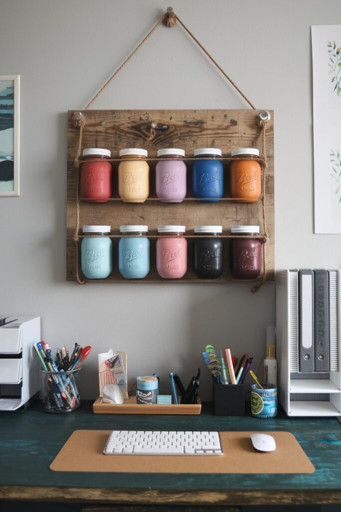 reclaimed wood board with mason jars office organizers