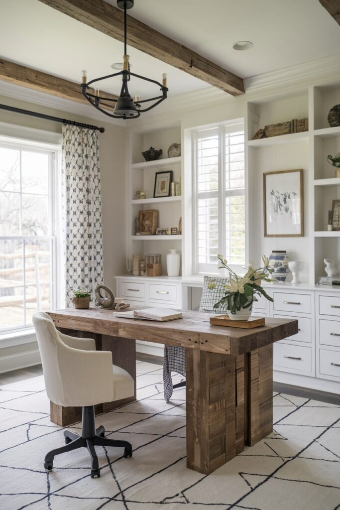 reclaimed wood desk, rustic beam in the light home office