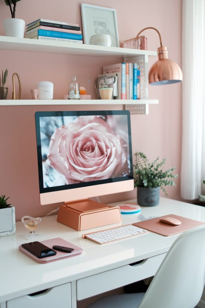 rose gold electronics in the feminine home office