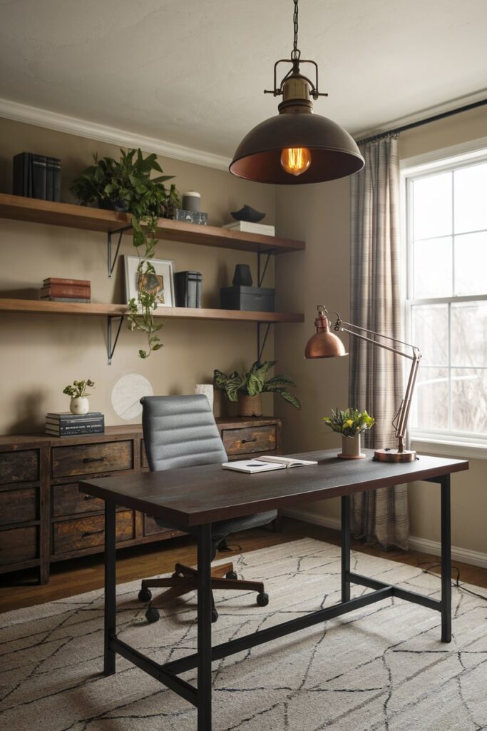 rustic home office space with vintage industrial copper fixtures