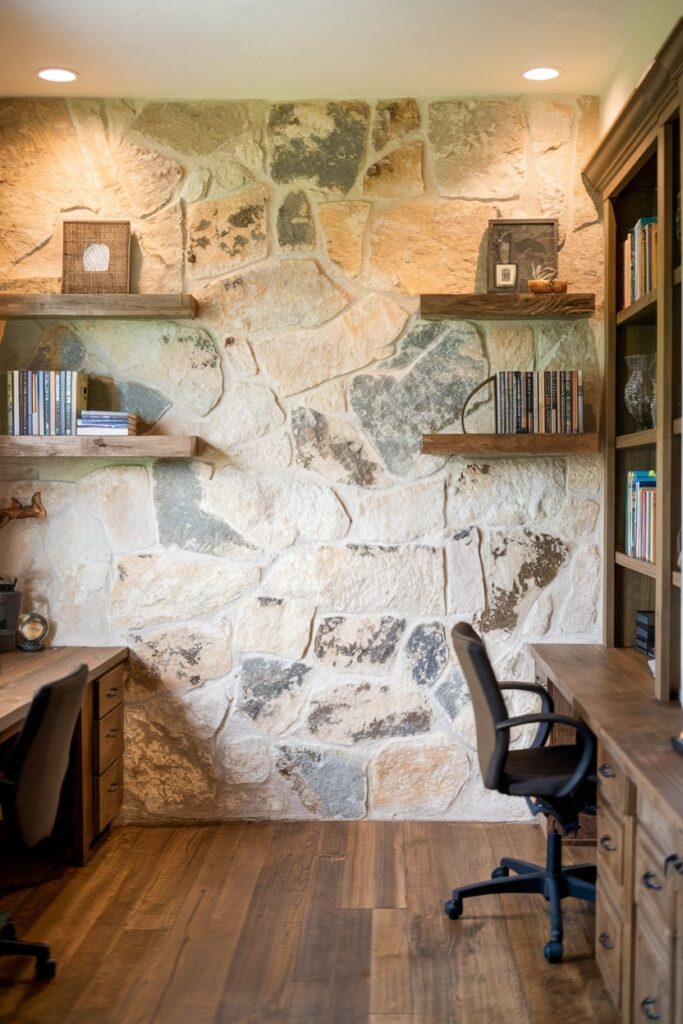 rustic home office with a natural stone accent wall, wooden shelves