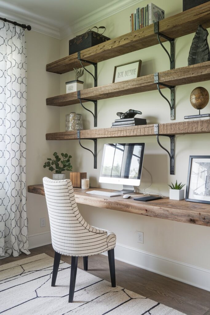 rustic open shelving with iron brackets in the home office