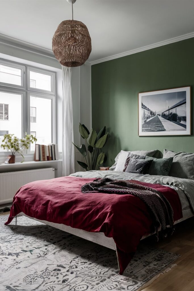 Scandinavian style maroon and green bedroom, green wall, maroon bedding, black and white photography