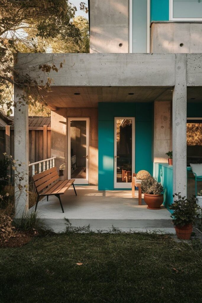 small minimalist back porch with a bench, concrete walls, teal or turquoise accents