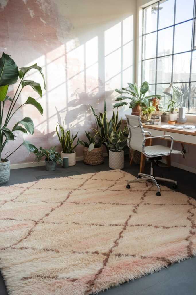 soft pink area rug in a workspace