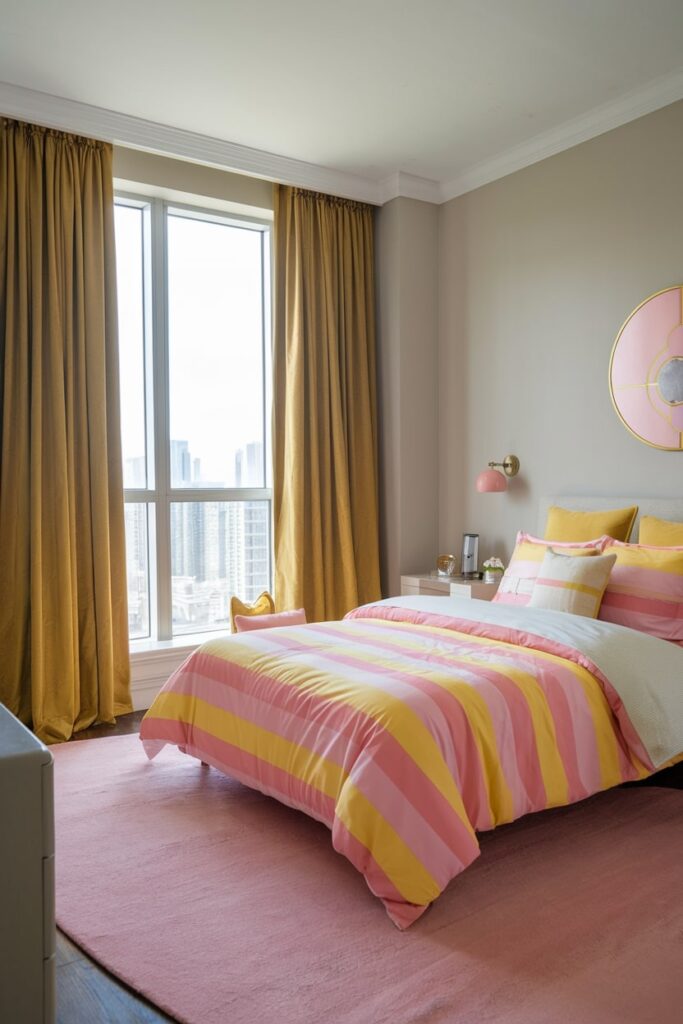 stylish bedroom with pink and yellow bedding, yellow curtains, pink area rug