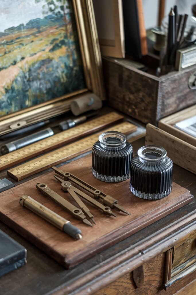 vintage art supplies collection in the home office