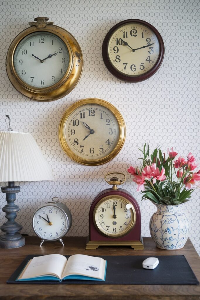 vintage clock collection in the home office