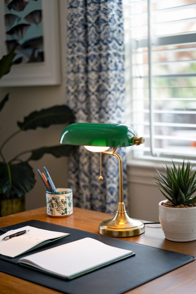 vintage green banker's lamp in the home office