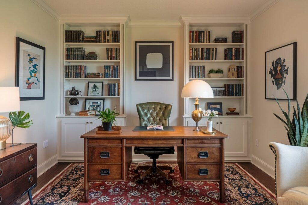 vintage home office or study room with old table and sideboard, green leather chair