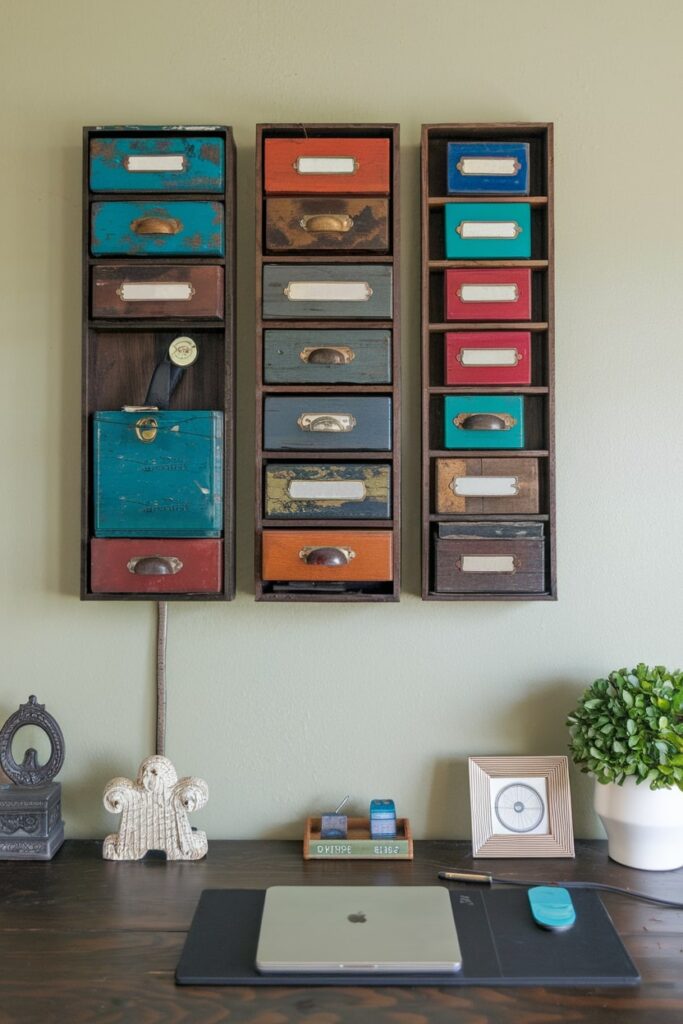 vintage letterpress drawer wall art in the home office