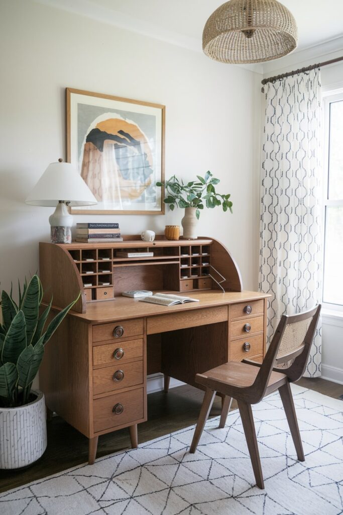 vintage restored roll top desk in the home office, wooden chair