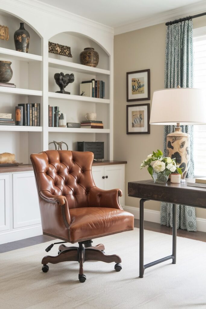 vintage traditional brown leather chair in the home office