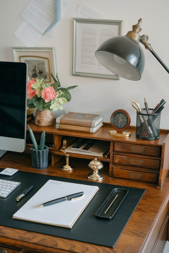 vintage traditional desk set in home office on the wooden desk