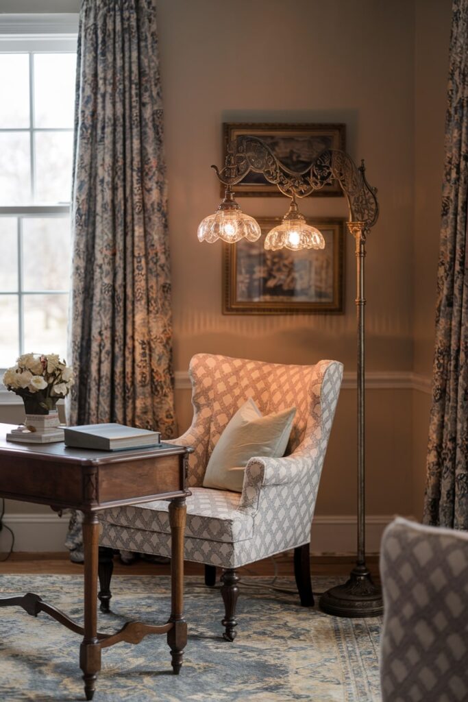 vintage Victorian floor lamp in the home office, vintage desk