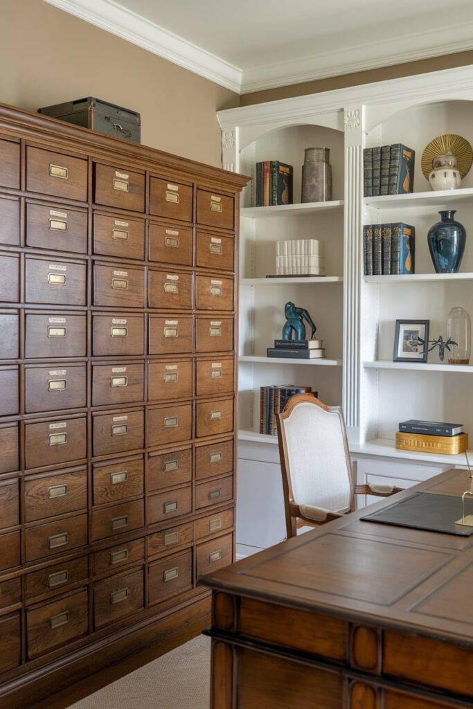 vintage wooden library card catalog in the home office, vintage table and chair