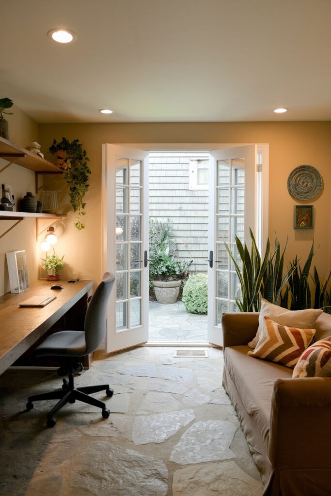 walkout basement office with stone flooring