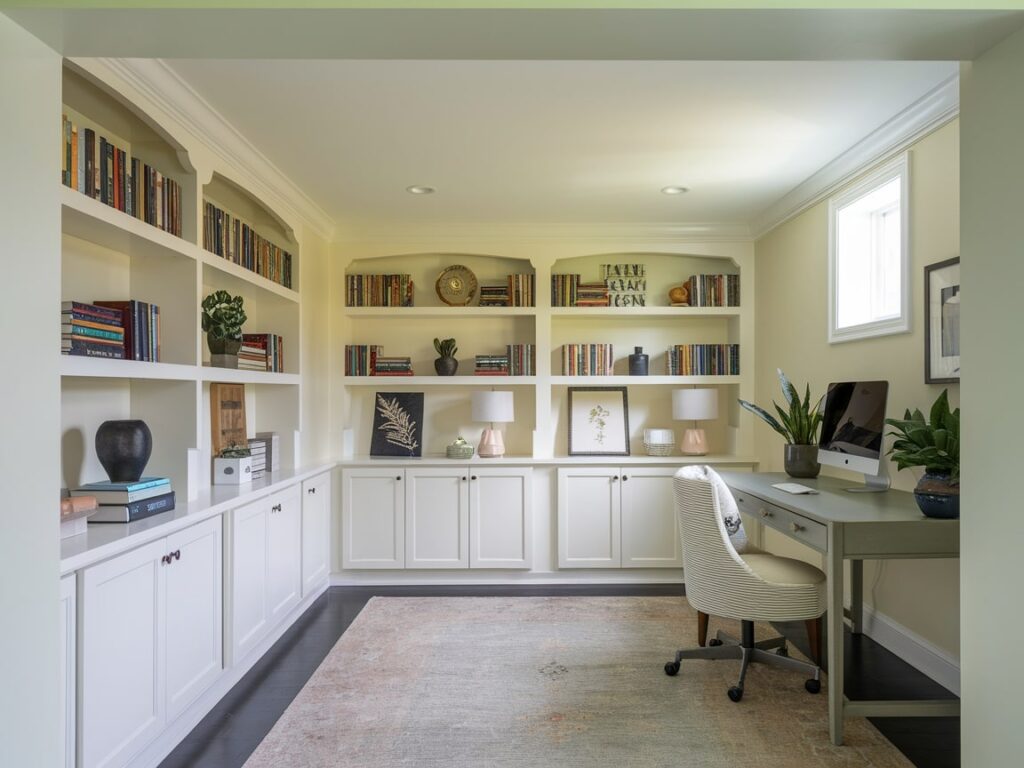 well organized basement home office or study room with light reflecting paint and built-ins, small window