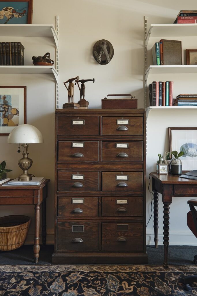 well organized study or rustic office space with antique wooden filing cabinet