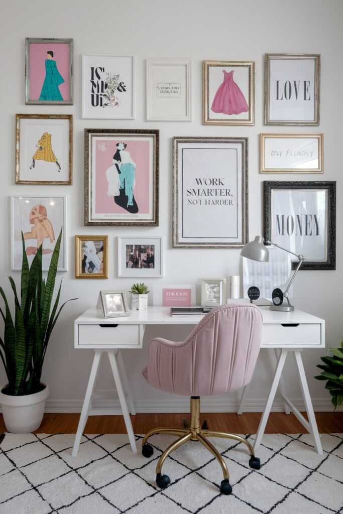 well-organized workspace or female home office with a gallery wall