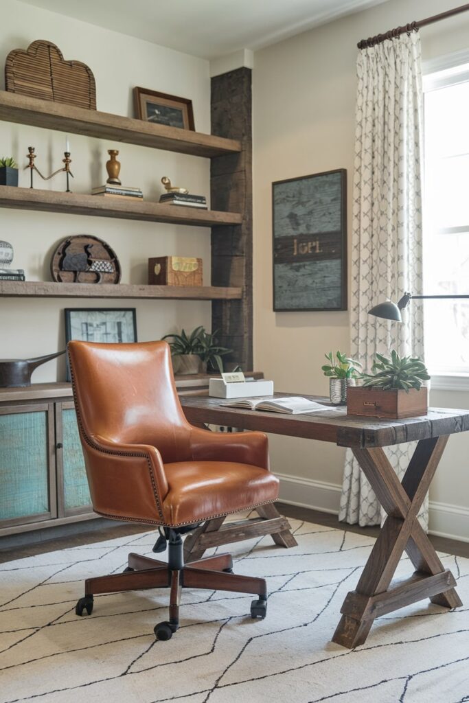 well-worn leather office chair, rustic table, rustic shelves