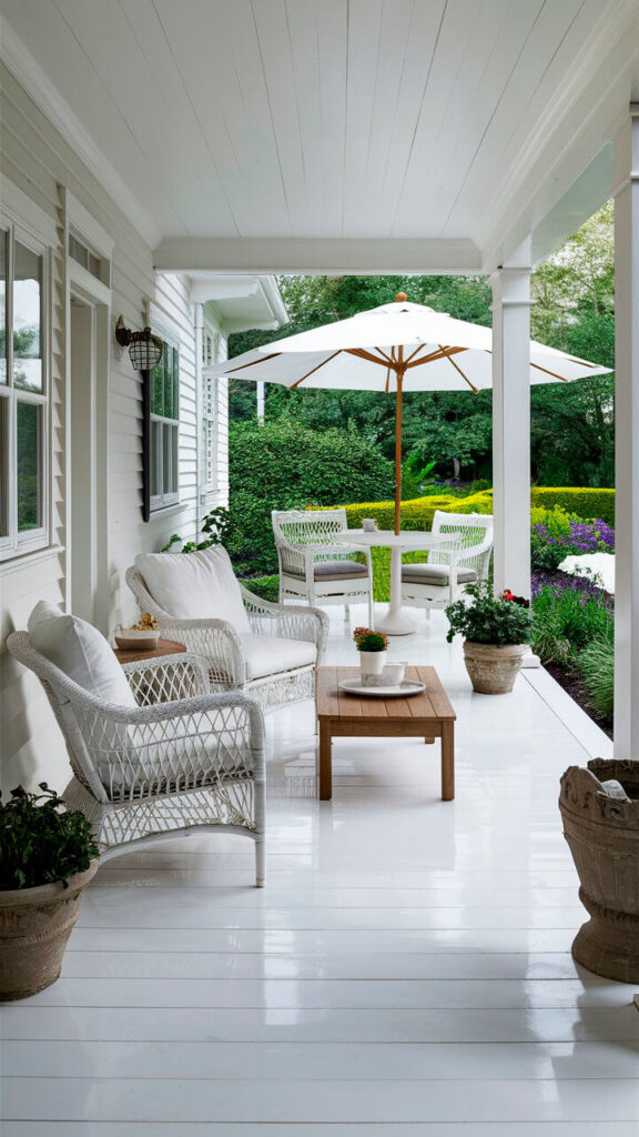 white back porch with outdoor umbrella parasol area, outdoor chairs