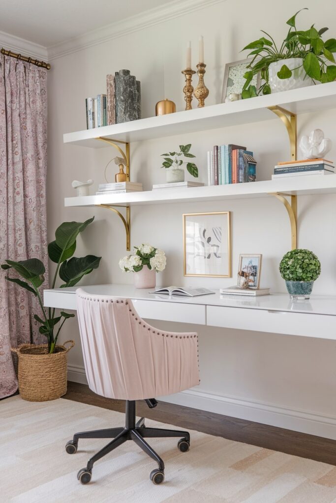 white floating shelves and pink chair in the feminine home office