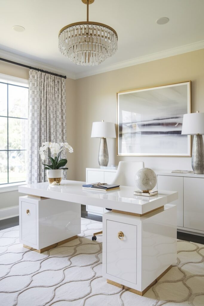 white lacquer desk in the feminine home office