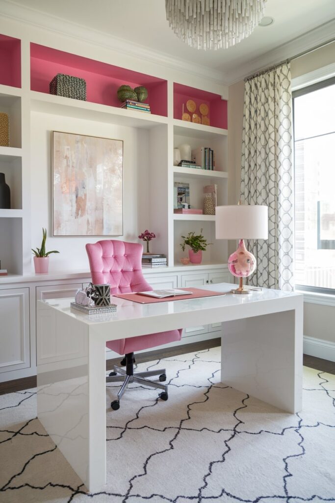 white lacquer desk with pink accents in the home office, pink chair