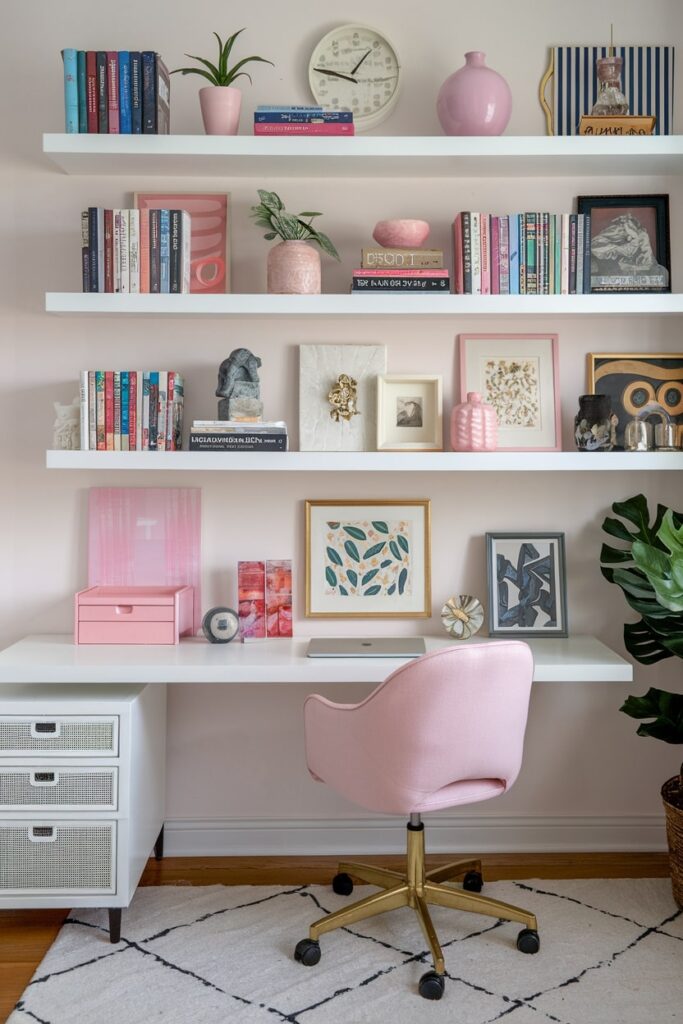 white shelving and table in the home office with pink chair and decor