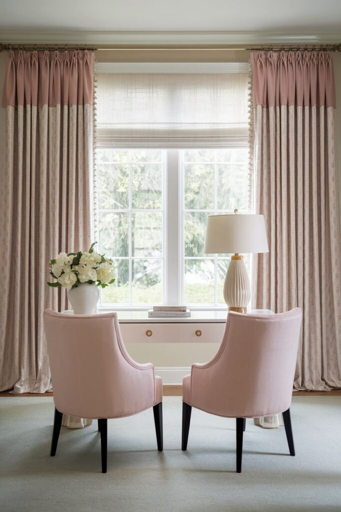 window treatments in the feminine home office, two pink chairs