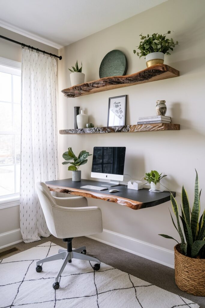 wooden live edge floating shelves rustic home office