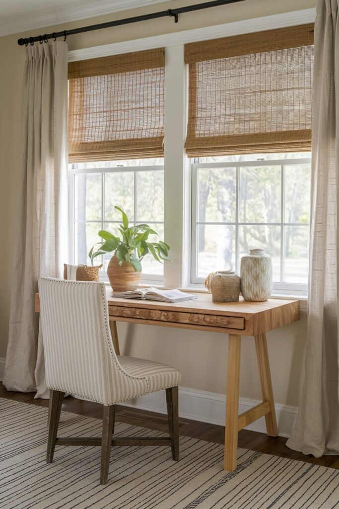 workspace with rustic natural window treatments, bamboo shades, linen curtains, wooden desk