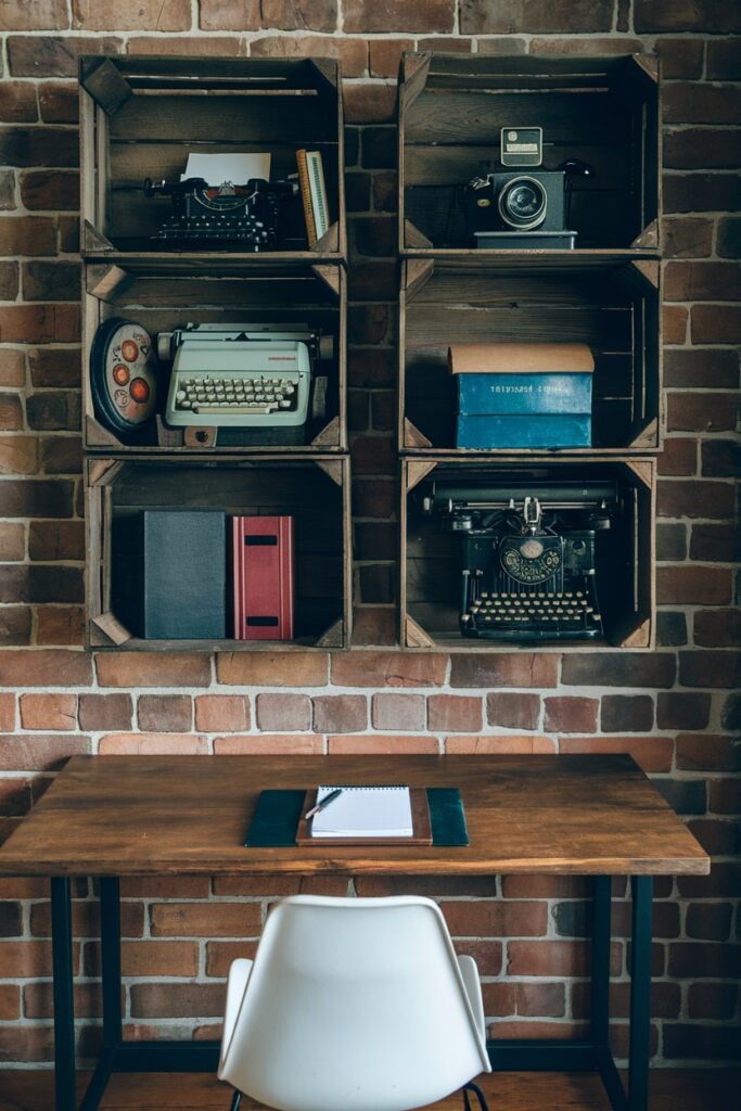 workspace with vintage office equipment display