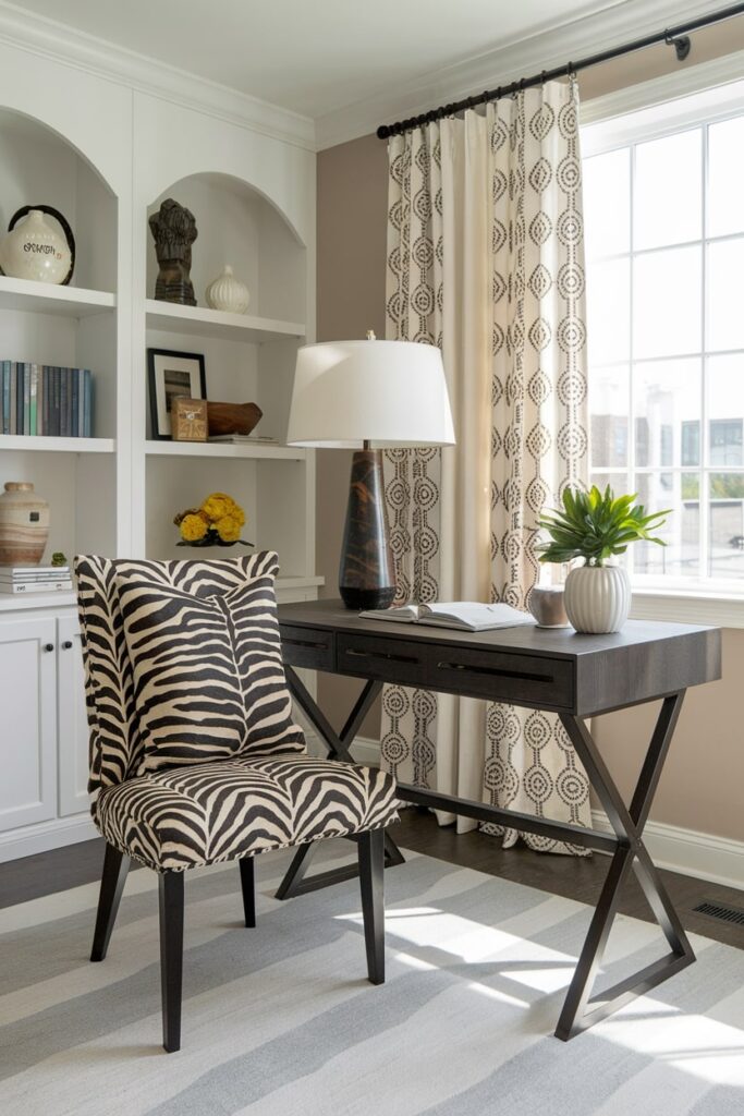 zebra print accent chair in home office, white built-ins, dark desk and table lamp